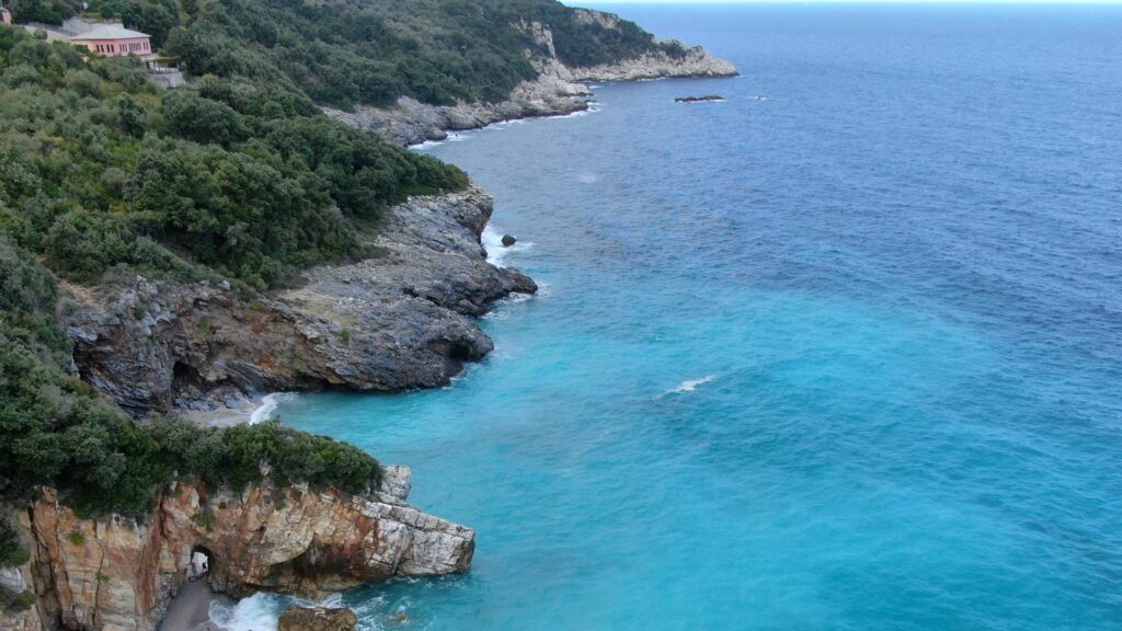 Greek landscape with rocky mountains crating bays in the sea