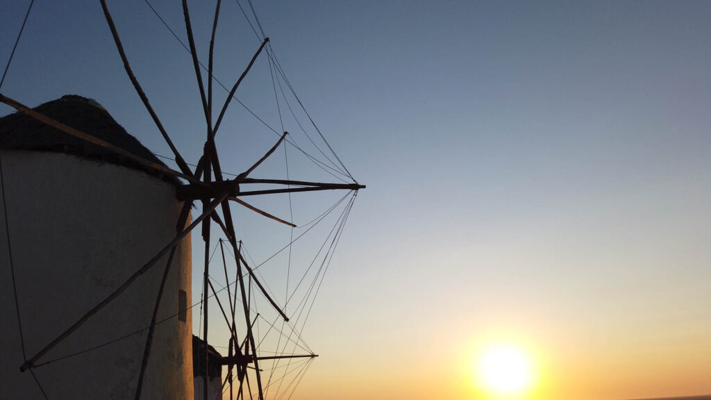 Windmills with sunset in the background