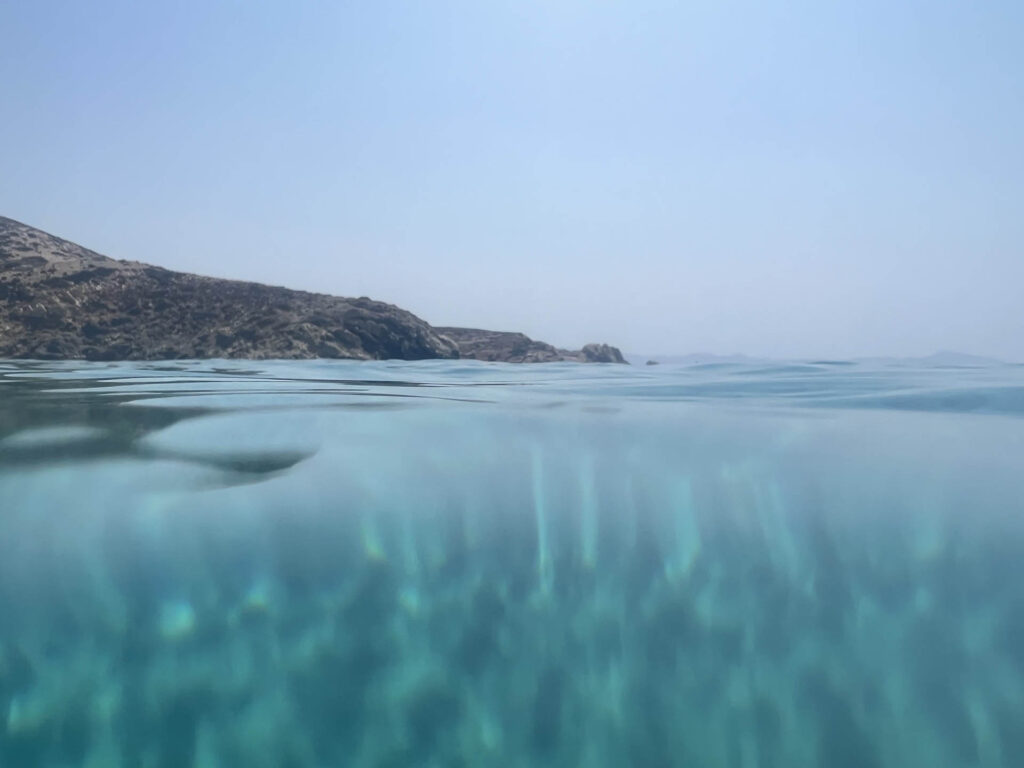 View from sea level of crystal clear water