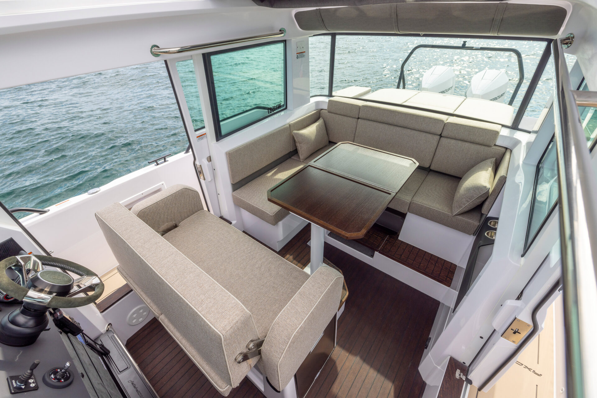 View from the cockpit and the salon of the yacht Calypso