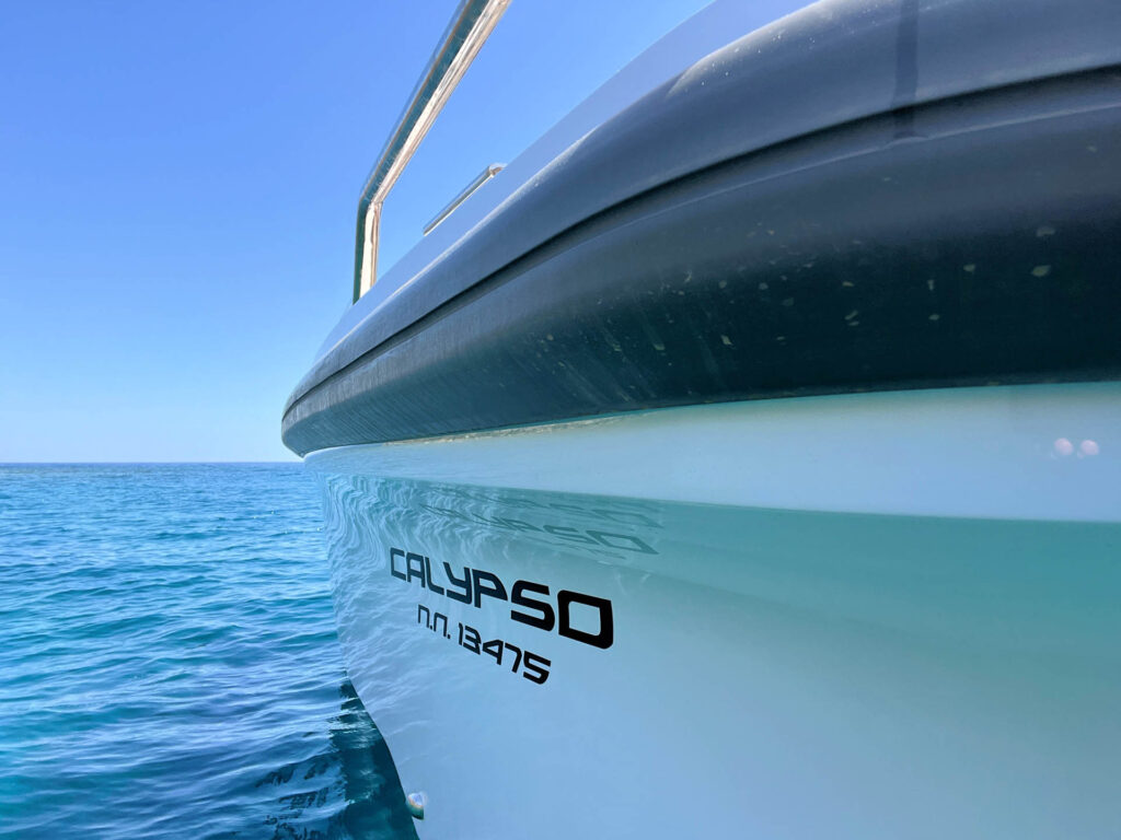 The Calypso name and number on the side of the yacht